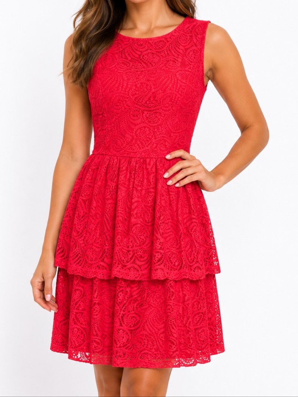 London Times Red Lace Tiered Midi Dress NWT